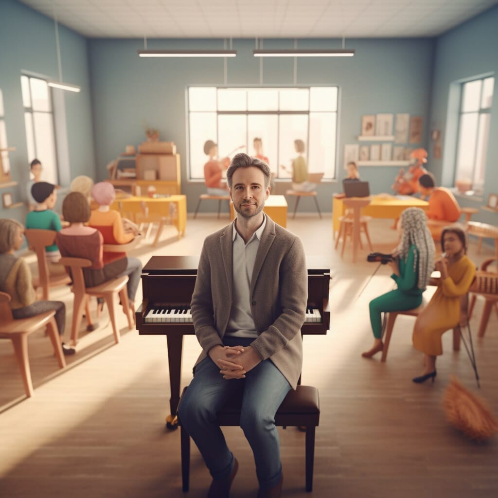 A man delivering behavior therapy at a piano in a room full of parents and children focusing on family wellness.