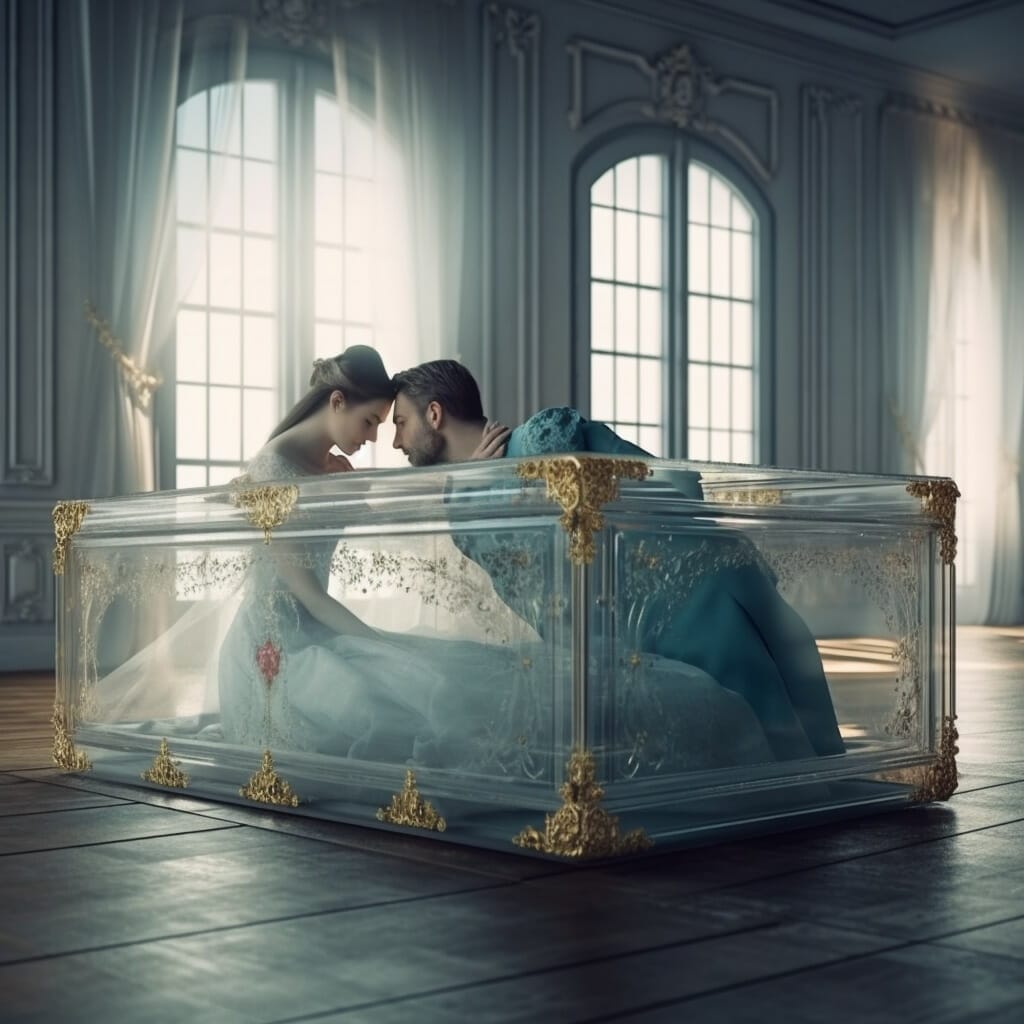 A couple is sitting in a glass box, displaying their true love for all to see.