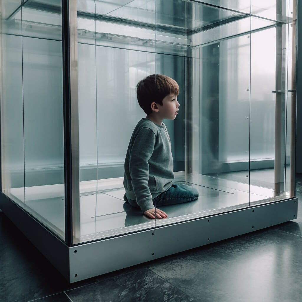 An autistic boy sitting in a glass case, seeking admission to the outside world.