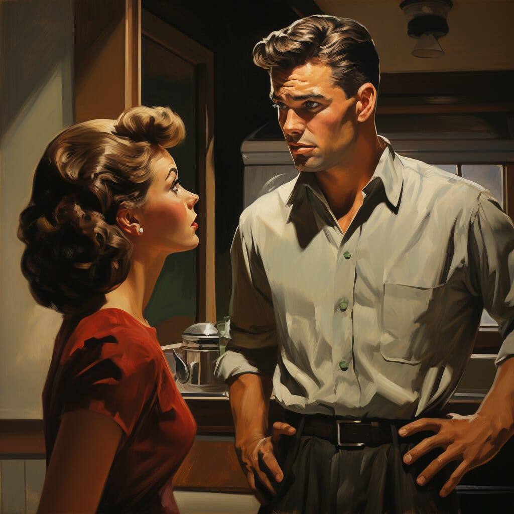 A painting depicting a man and woman in a kitchen.