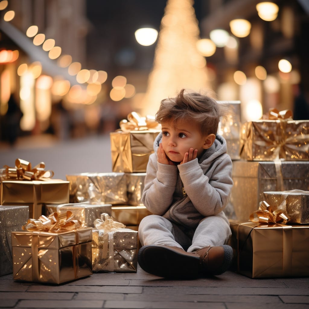 A young boy surrounded by Christmas presents and a beautifully decorated tree.
